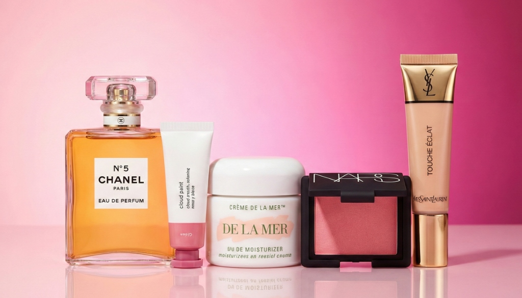 Premium beauty products including Chanel N°5, Crème de la Mer, NARS blush, and YSL Touché Éclat