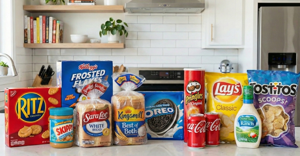 Popular ultra-processed foods on a kitchen counter including Ritz, Frosted Flakes, Oreo, Pringles, Lay's, Coca-Cola, and ranch dressing