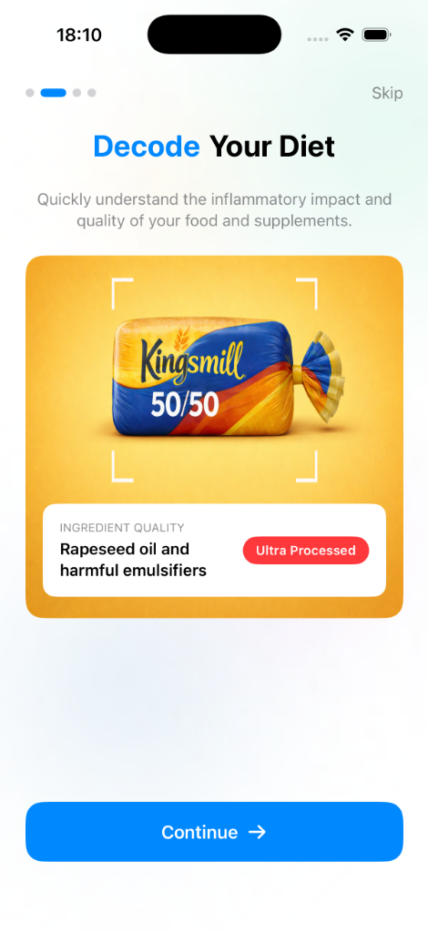 Clarity AI Decode Your Diet — scanning Kingsmill 50/50 bread showing ultra-processed ingredient quality warning