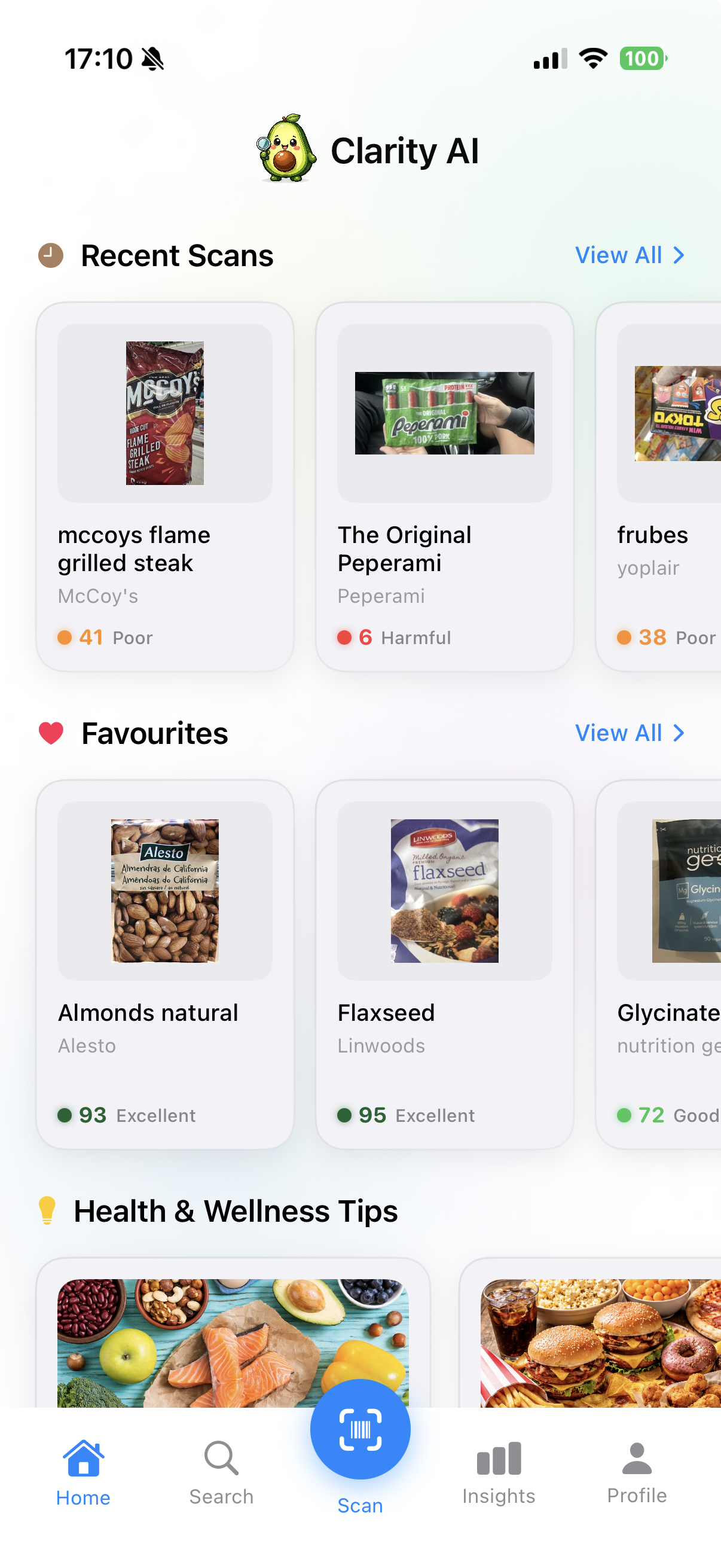 Clarity AI Home Screen showing recent scans and health scores