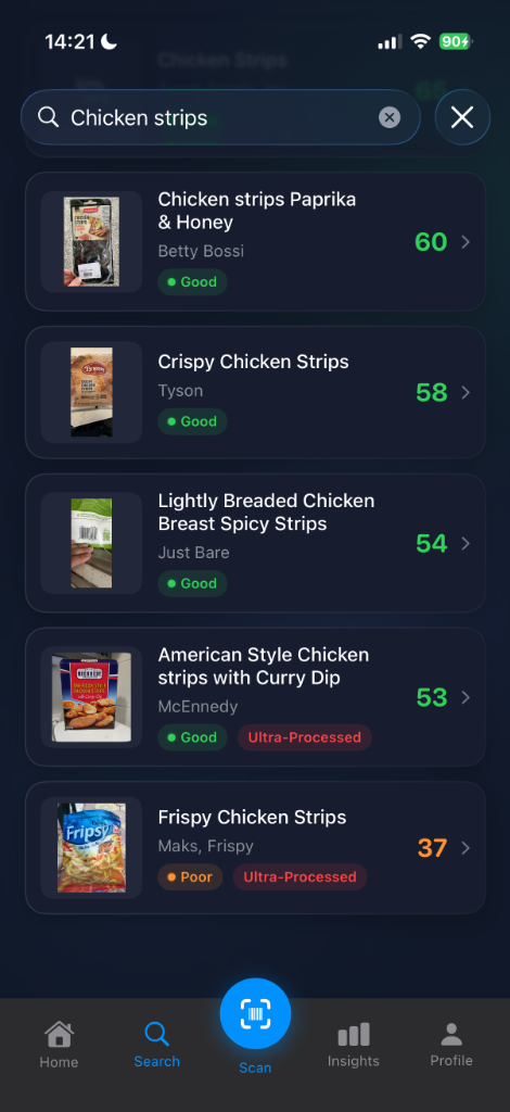 Clarity AI search results showing Chicken Strips with health scores